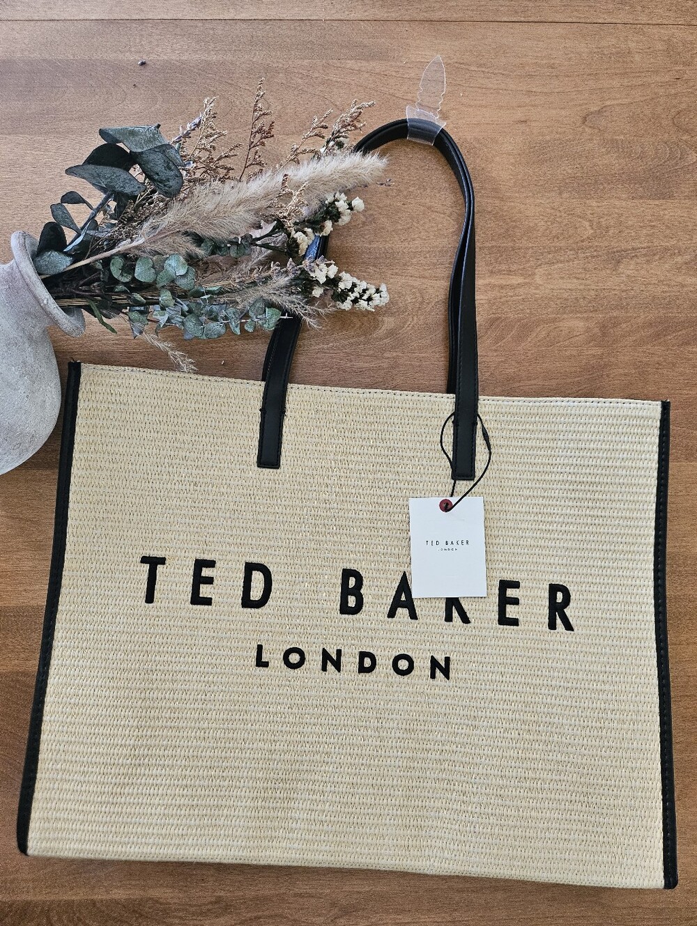 Ted Baker Natural Straw Tote with Black Trim